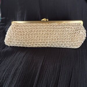 RARE Trina Turk cream beaded woven clutch